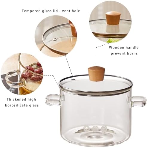 64 oz Glass Stew Pot with Tempered Glass Lid - Heat-Resistant Borosilicate Glass Stovetop Stew Pot - 1.9 L Clear Stew Pot for Pasta and Soups - Microwave and Dishwasher Safe