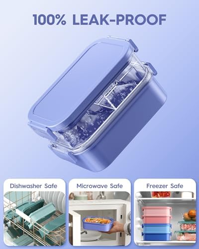 KEMETHY Adults Bento Lunch Box Set with Thermo Bag, 74oz Stackable Leak-proof 3-tiers Bento Box, Built-in Utensil and Sauce Container for Work, School, Dining Out (Purple)