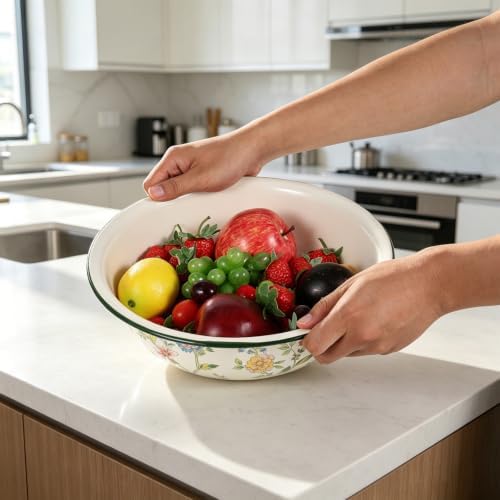 3 Pack Vintage Enamel Mixing Bowl, 11.8 Inch Large Farmhouse Retro Enamelware Basin 3.6 Quart Enamel Bowl Serving Tray for Fruit Salad Pasta Dough Making Camping Kitchen Farmhouse Decor