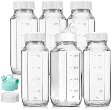 CUCUMI 6 Pack 16 Oz Glass Milk Bottles with Lids