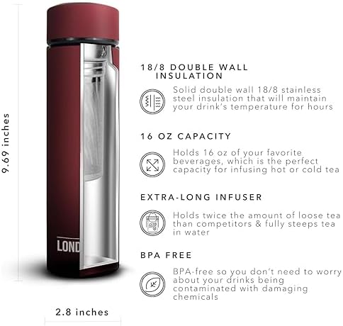 The London Sip Multi-Purpose Travel Mug and Tumbler Fruit Infused Flask Hot and Cold Double Wall Stainless Steel Thermos with Extra-Long Infuser, Sacred Red