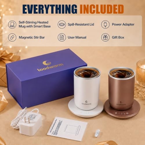 Self Heated Stirring Coffee Mug Set of 2, 10oz Cup with Warmer, BrownWhite
