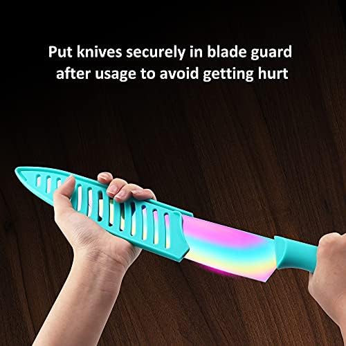 Knife Set with Spoons, KYA37B Knife Sets with Blade Guards and Measuring Spoons, Marco Almond® Rainbow Color 17-Piece Stainless Steel Kitchen Knives Set with Covers