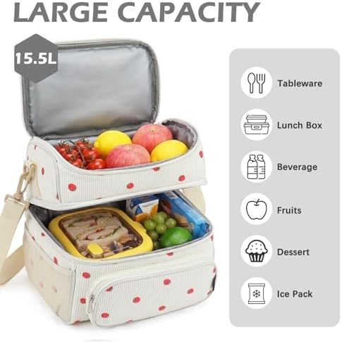 FlowFly Double Layer Cooler Insulated Lunch Bag Adult Lunch Box Large Tote Bag for Men, Women, With Adjustable Strap,Front Pocket and Dual Large Mesh Side Pockets