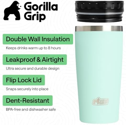 GORILLA GRIP 304 Stainless Steel Travel Coffee Mug, 20oz Tumbler, Mint