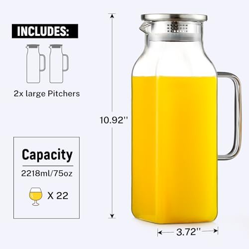 2 Pack 2.2Liters/75 oz Square Glass Pitcher with Lid and Handle for Fridge