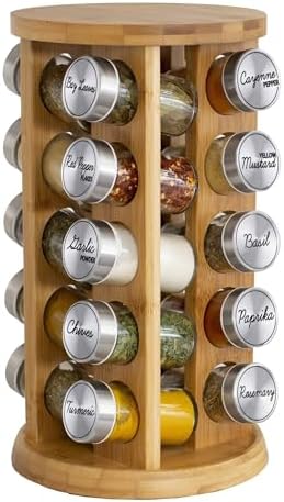 Orii 20 Jar Rotating Bamboo Spice Rack with Spices Included & 5-Year Free Spice Refill Program – Revolving Countertop Spice Rack with Glass Jars