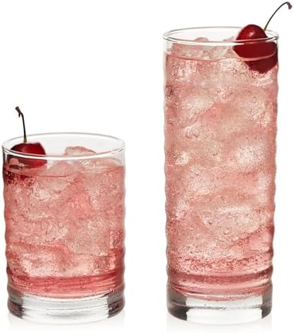 Libbey Pueblo Tumblers and Rocks Glass Cups Set, Wavy and Groovy Drinking Glasses Set of 16, Dishwasher Safe Modern Glassware for Everyday Use