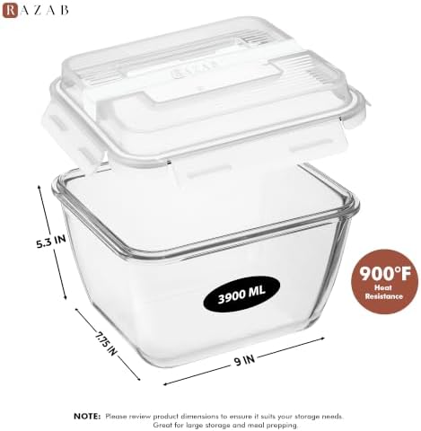 Razab 17 Cups / 132 Oz / 3900ml Large Glass Food Storage Containers with Lids - Leakproof, BPA-Free Large Meal Prep Container Ideal for Roasting Turkey, Store Leftover - Microwave & Oven Safe