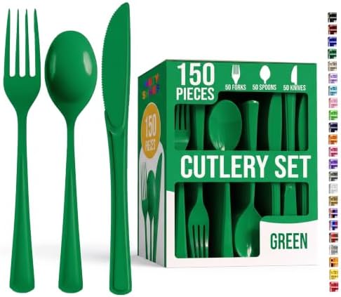 Party Solids Emerald Green Plastic Silverware 150 Pcs Cutlery Set