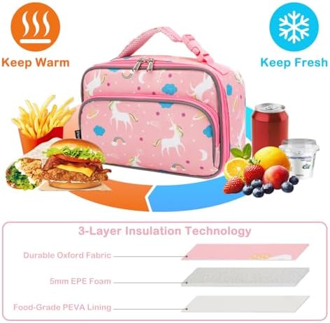FlowFly Kids Lunch box Insulated Soft Bag Mini Cooler Back to School Thermal Meal Tote Kit for Girls, Boys,Unicorn
