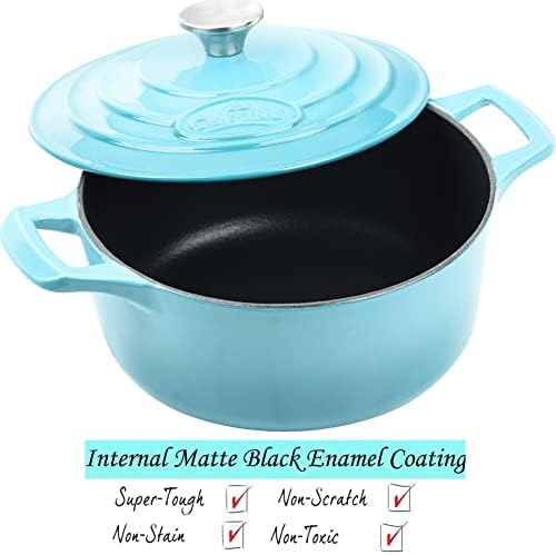 La Cuisine Enameled Cast Iron Dutch Oven Casserole Dish Pot with Lid, 3.7 QT 9.5 Inches Dia. Matte Black Enamel Interior, Teal Porcelain Enamel Exterior Oven-Safe