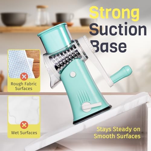 5-in-1 Rotary Cheese Grater Hand Crank, Vegetable Slicer Shredder with 5 Interchangeable Blades, Graters for Kitchen, Safe Kitchen Tool for Cheese, Nuts, Chocolate, Blue