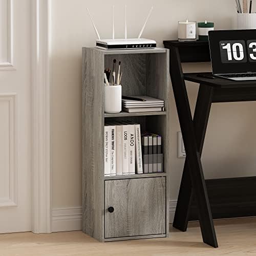Furinno LUDER Book Shelf, 3-Tier Modern Bookshelf, Bookcase with 1 Door Storage Cabinet, 9.3 x 12 x 31.5, for Organization and Storage, for Living Room, Bedroom, Home Office, French Oak