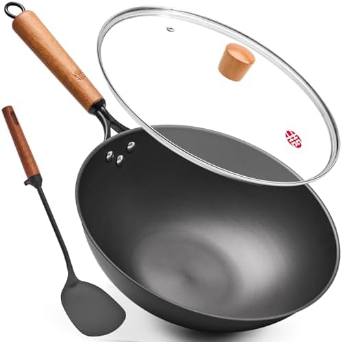 WANGYUANJI Carbon Steel Wok Pan - 12.6 Inch Flat Bottom Wok, Premium Stir Fry Pan, Uncoated Iron Woks for Induction Cookware and Gas Stoves