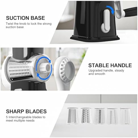 Ourokhome Rotary Cheese Grater Cheese Shredder with 5 Interchangeable Blades, Rotary Grater with Non-slip Suction Base Hand Crank Slicer for Vegetable Nuts Black