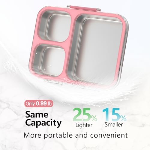 HOMEKOL Stainless Steel Bento Lunch Box 3-Compartment, 4.2Cups, Pink