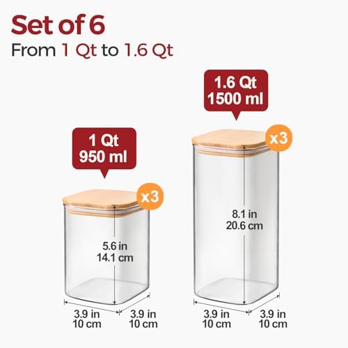 Glass Pantry Storage Containers with Lids 1/1.6 Qt 6 Pack Square