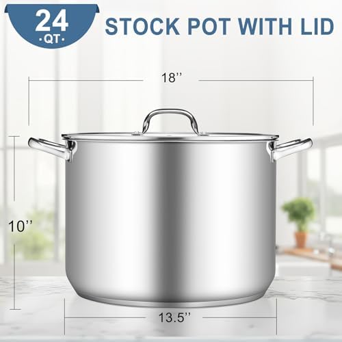 TeamFar Stainless Steel Stock Pot, 24QT Tri-ply Bottom Large Stockpot
