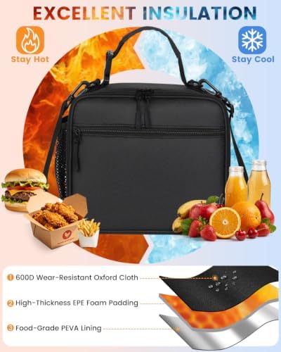 Insulated Lunch Box for Men Small, Black Mens Lunch Bag with Strap