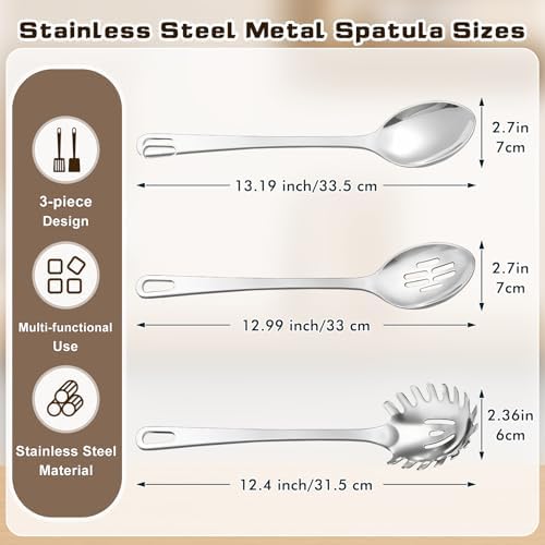3 Pcs Stainless Steel Cooking Utensils Set, Heat Resistant Kitchen Utensils, Metal Kitchen Tools Include Solid & Slotted Spoon, Pasta Server, Ergonomic Handle, Dishwasher Safe, Easy to Clean, Silver