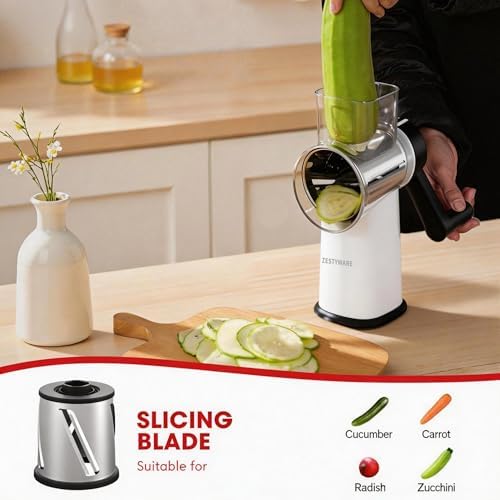 Rotary Cheese Grater Hand Crank with Foldable Handle, Three Blades
