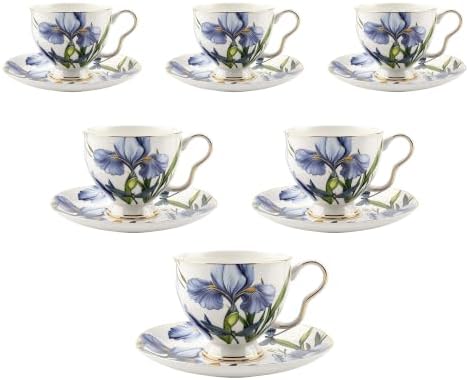 12-Piece Tea Cups and Saucers Set for 6, Blue Iris Gold Trim