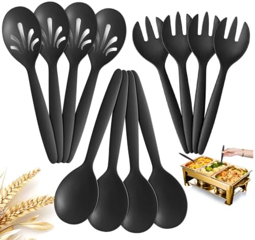 Reusable Plastic Salad Serving Utensils of 12, 10" Wheat Straw Large Salad Server Set Spoons/Slotted Spoons/Sporks, for Party Buffet Catering (Black, Not for Cooking)