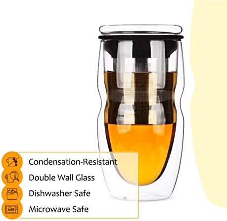 BTaT- Double Wall Glass Tea Cup With Stainless Steel Infuser and Lid, 16 oz, Borosilicate Glass Tea Mug Infuser, Gifts for Tea Lovers