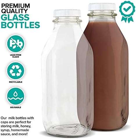 Stock Your Home Liter Glass Milk Bottle with Lid (4 Pack) 32 Oz Jugs and 8 White Caps, Reusable Food Grade Container for Refrigerator, Juice, Oat or Plant Milks, Water, Honey