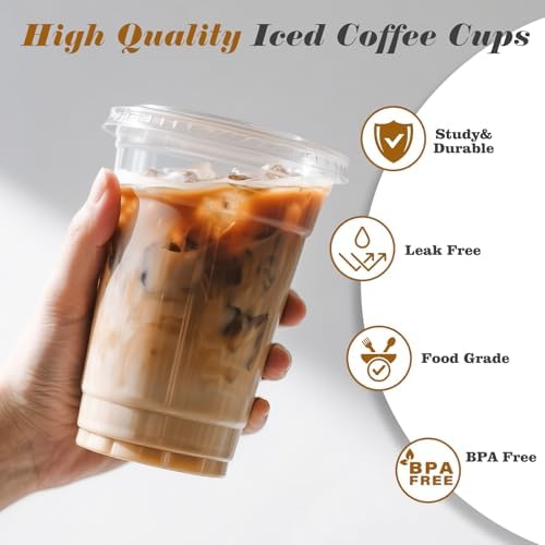 Ginkgo 50 Pack 20 oz Plastic Iced Coffee Cups with Lids and Straws