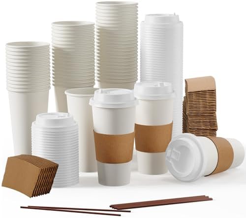 JOLLY PARTY 50 Pack 20 oz Disposable Paper Coffee Cups with Lids & Sleeves