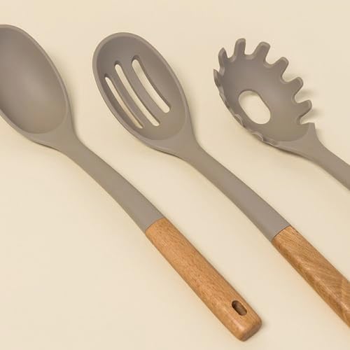 Beille 3pc Beech Wood and Silicone Cooking Spoon Set Kitchen Utensils Baking Supplies Home Essentials, Light Grey
