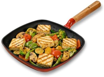 CUMIN CO. Enameled Cast Iron Grill Pan 10 Inch, 1.2 QT Grill Skillet – Non Toxic PFAS Free Cookware – Indoor Grill Pan for Steak, Chicken, Burgers & Vegetables – Induction & Oven Safe (Color: Rust)