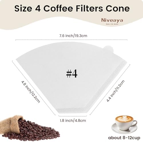 Niveaya Coffee Filters 200 Count, White Coffee Filter #4 Cone Paper, Natural Paper Coffee Filter 8-12 Cup (nature white, 04)