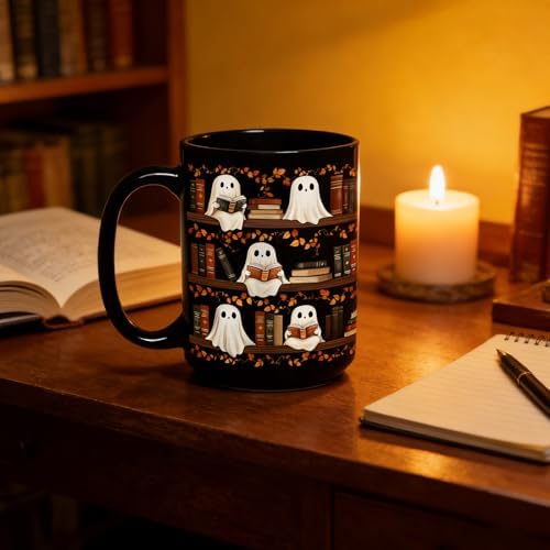 Halloween Ghost Reading Coffee Mug, Bookshelf Tea Cup, Black, 15oz