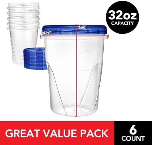 Stock Your Home 32oz Plastic Containers with Twist Top Lids (6 Pack), Quart Freezer Containers with Lids for Leftover Food, Airtight Reusable Soup Containers, Microwave and Dishwasher Safe