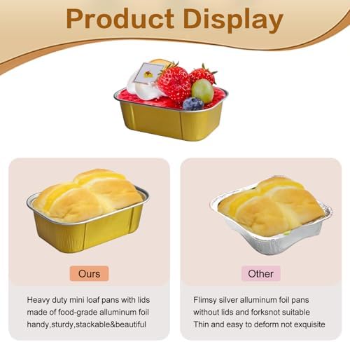 Mini Cake Pans With Lids And Spoons,5.5 oz Rectangle Mini individual Loaf Pans Disposable Aluminum Foil Small Baking Cups Tins (100, Gold)