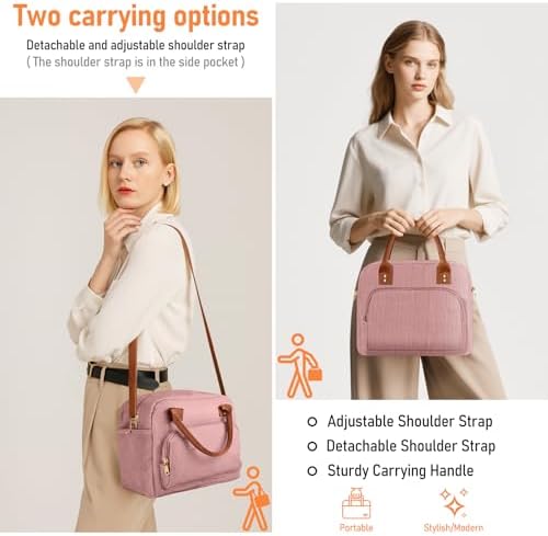 Lunch Bag Large Insulated Lunch Box for Women Men Adult Cute Pink Lunchbox Corduroy Lunch Bags Boxes Pail with Adjustable Shoulder Strap for Work Mom Picnic Office Travel 11.4×6.8×9.1 inches 11.5L