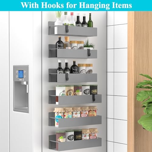 HuggieGems Metal Magnetic Spice Rack for Refrigerator Gray, 6 Pack