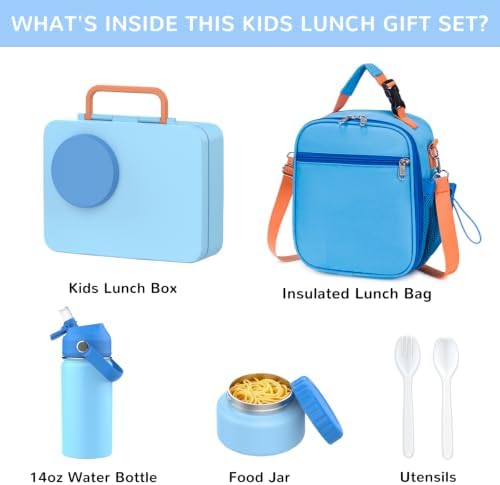 Kids Bento Lunch Box with Food Jar, Water Bottle, Lunch Bag, Blue