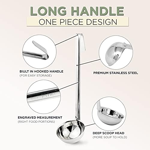 Fit Meal Prep [2 Pack] Stainless Steel Soup Ladle - One-Piece Sauce Spatula w/Hook Handles, Commercial Grade Serving Spoon, Kitchen Tool for Restaurant or Home Cooking, Mirror Finish, 14.25" Long