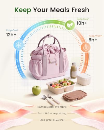 LOVEVOOK Drawstring Insulated Lunch Bag Women,Adult Lunch Box,Pink
