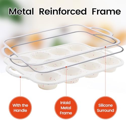 FUNBAKY Silicone Cupcake Pan, Metal Reinforcement Regular Size 12 Cups & Mini 24 Cups Nonstick Easy to Demold Baking Mold for Making Homemade Muffins