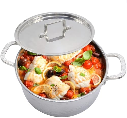 Vivicreate Tri Ply Stainless Steel Stock Pot with Lid 5 Quart Hammered Stockpot Induction Cooking Pot Soup Pot Compatible with All Stovetops (5QT)