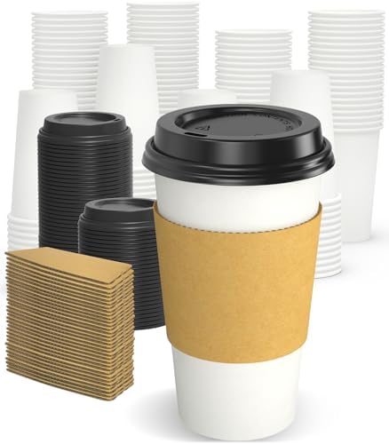 Dealusy 100 Pack 16 oz Disposable Coffee Cups with Sip Lids and Sleeves