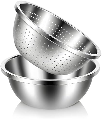 304 Stainless Steel Colander and Strainer, 5QT Large Capacity with Mixing Bowl, Micropore for Washing Rice, Vegetables, Fruit, Grain, Bean, and Draining Cooked Pasta, Dishwasher Safe