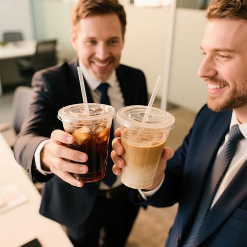 Ginkgo 50 Pack 20 oz Plastic Iced Coffee Cups with Lids and Straws