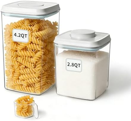 Airtight Food Containers Set with One-Touch Lid, Mixed Size Set (2.8 QT / 2.65 L & 4.2 QT / 4.0 L) with Scoop, Stackable Jars for Complete Kitchen Organization.