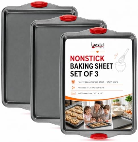 Premium Nonstick Baking Sheet Pans – Set of 3, Heavy-Gauge Carbon Steel, Warp, Dent, and Rust-Resistant – Gourmet Rimmed Half Cookie Sheet Trays, Non-Toxic for Exceptional Baking Performance